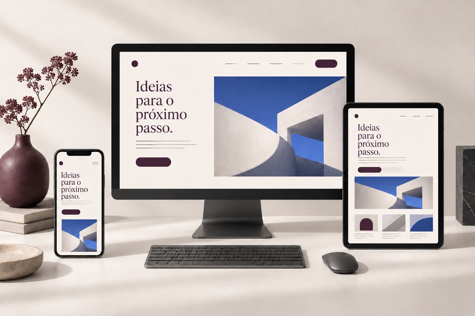A mesma interface se reorganiza para computador, tablet e celular.